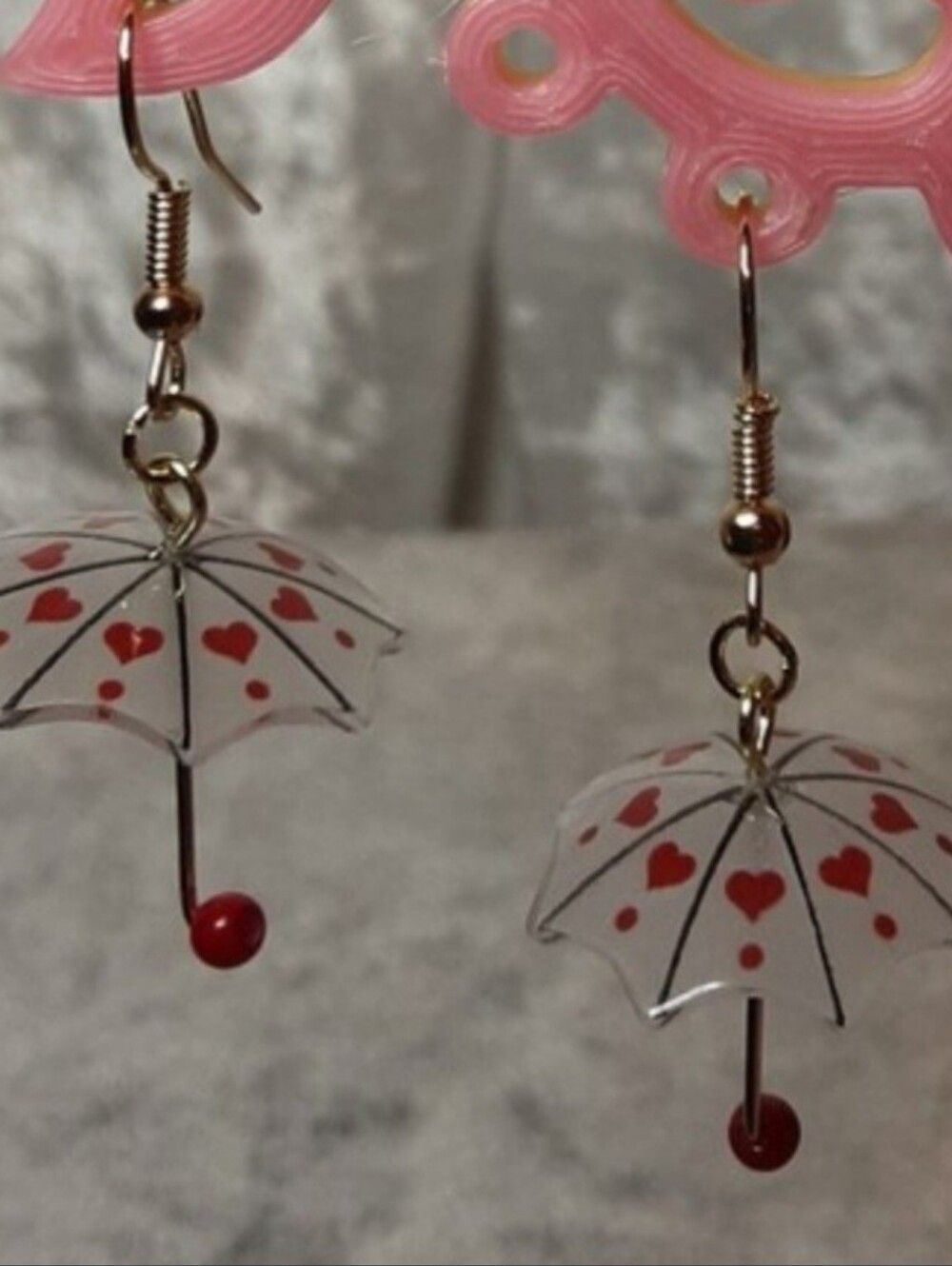 Handmade Cute Umbrella Heart Drop Earrings - White & Red